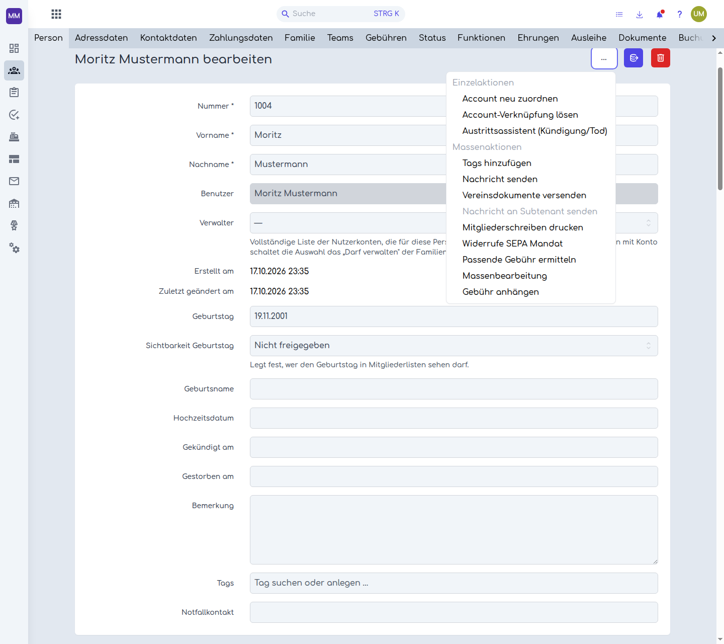 Das Aktionen-Menü mit dem Austrittsassistenten